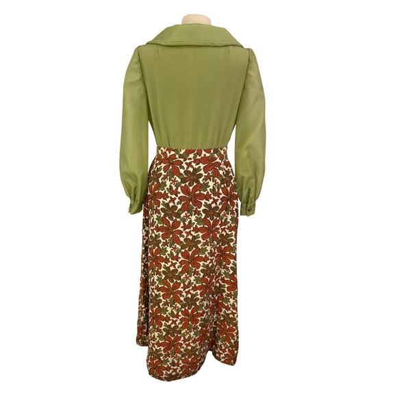 Vintage 70s Green Maxi Hostess Dress Floral Tapestry Skirt Bishop Sleeve Mod L - Picture 8 of 11